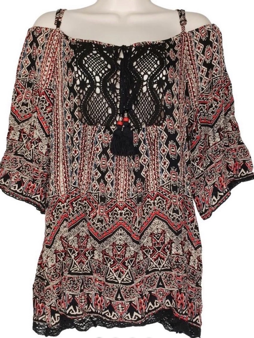Angie Boho Off the Shoulder Black Crochet Front Tassel Rayon Tunic Top Sz L
